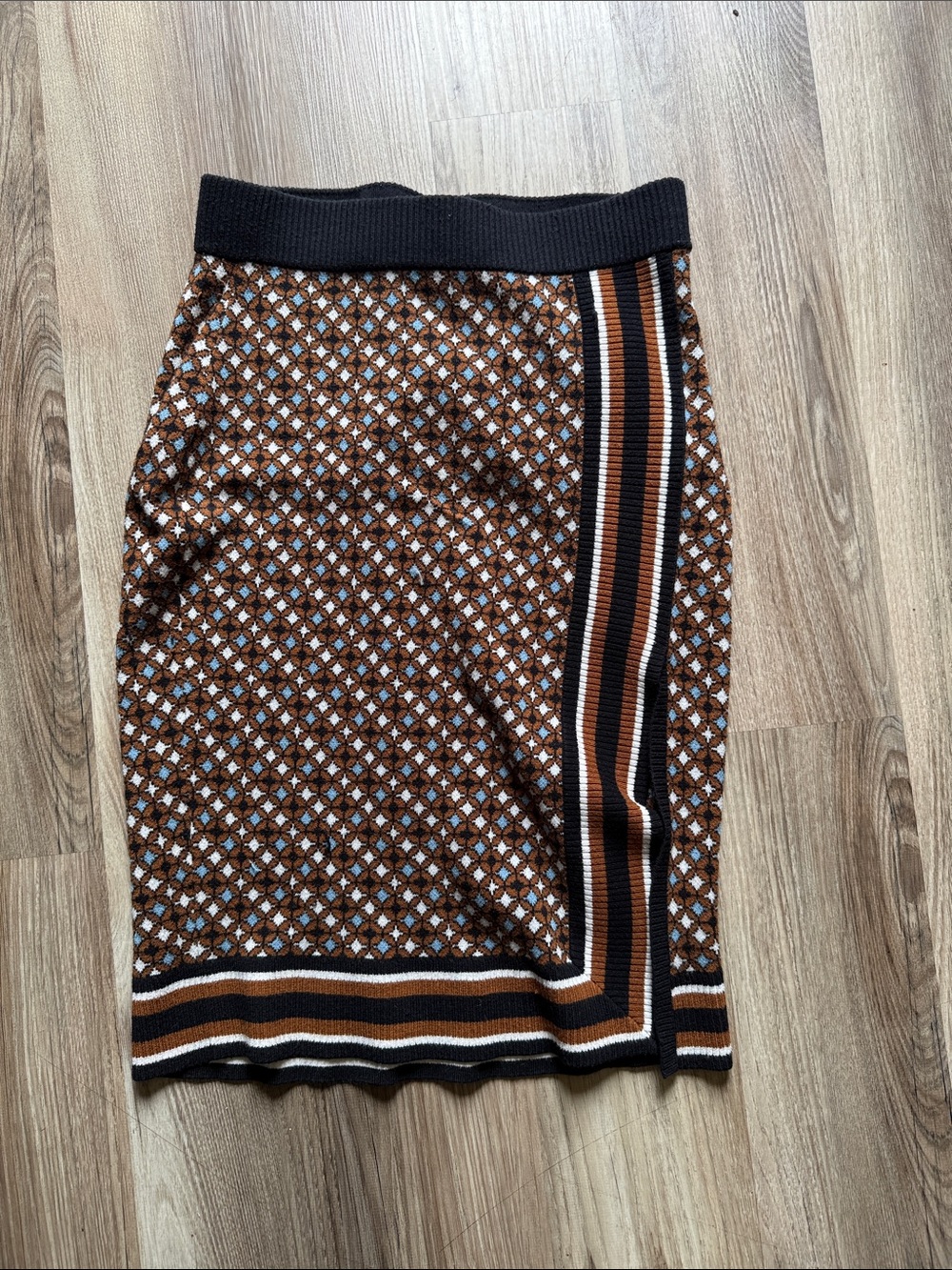 Nine West Brown Patterned Knit Pencil Skirt with Black and White Stripe
